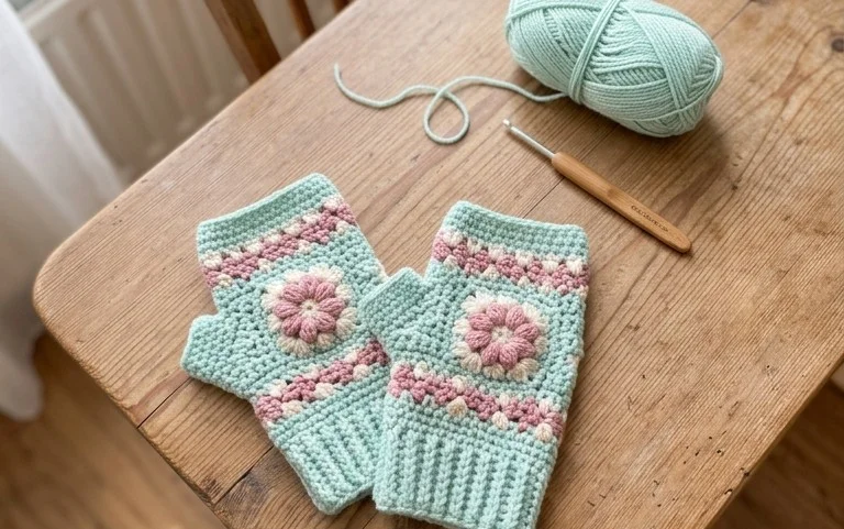 Easy Crochet Flower Fingerless Gloves Step-by-Step